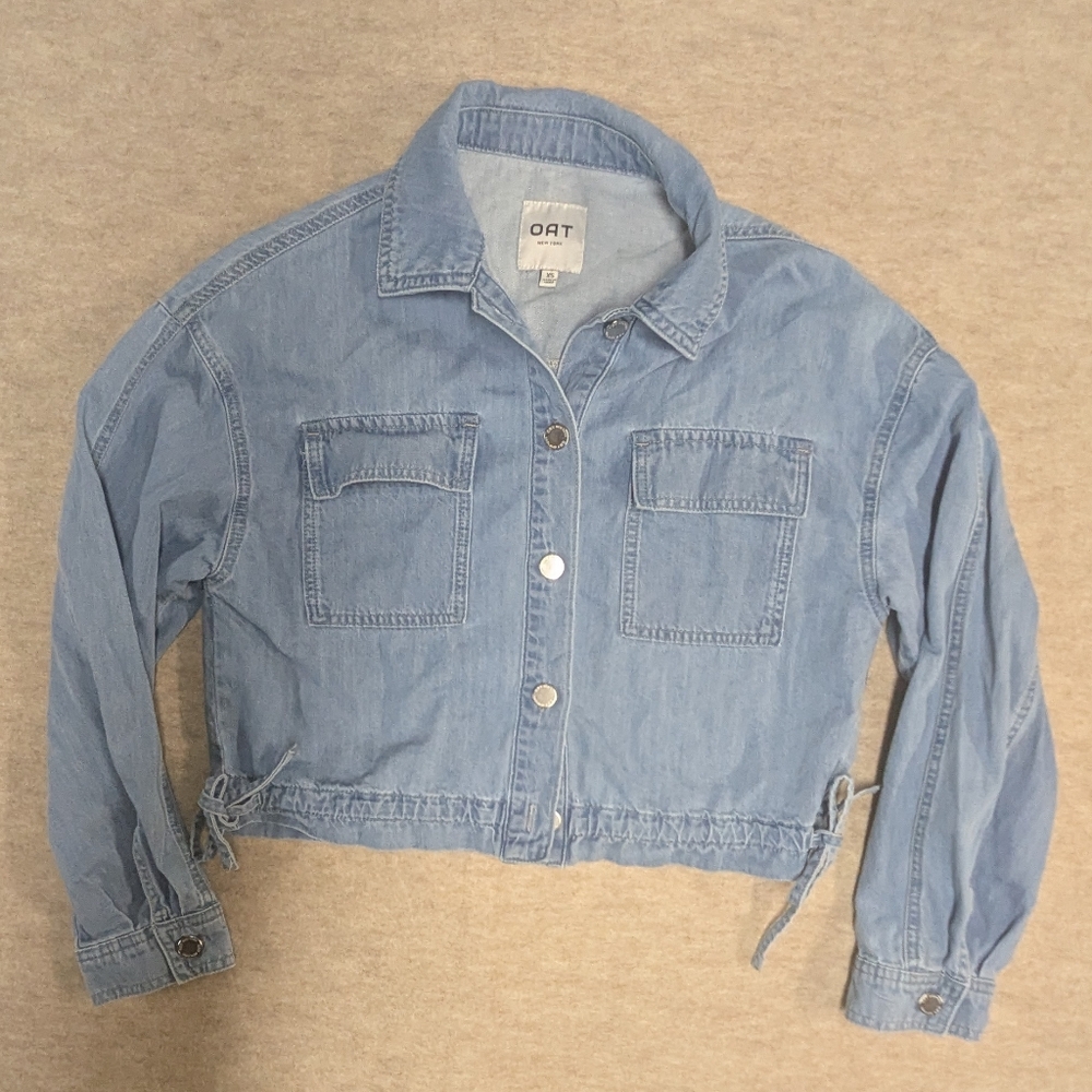 Oat New York Denim Shirt Jean Jacket Cropped Cinch Waist Oversized Size XS